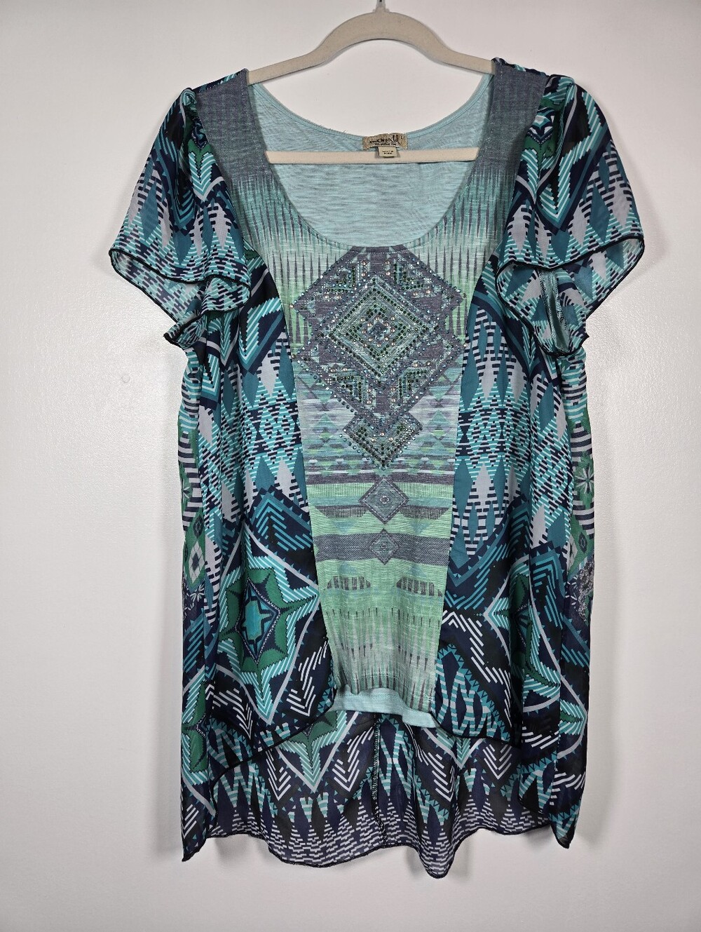 One World Teal Boho Rhinestone Sparkle Southwestern Print Tunic Top Size Large